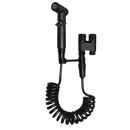 Black bidet sprayer with coiled hose.
