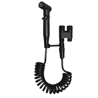 Black bidet sprayer with coiled hose.