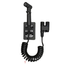 Black bidet sprayer with coiled hose.