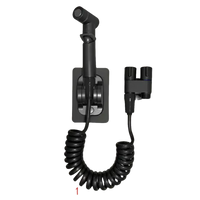Black bidet sprayer with coiled hose.