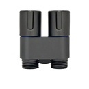 Black shower valve with two knobs and threaded outlets.