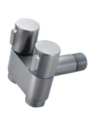 Brushed metal faucet with cylindrical handles.
