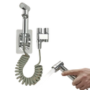Chrome bidet sprayer with coiled hose.