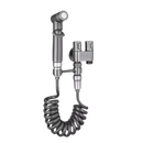 Gray bidet sprayer with coiled hose.