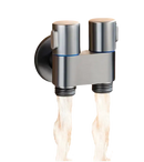 Dual-outlet brushed metal faucet with water flowing.
