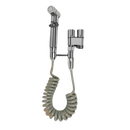 Silver bidet sprayer with coiled hose.