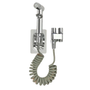 Silver bidet sprayer with coiled hose.