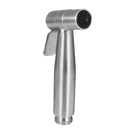 Silver-colored bidet sprayer with labeled features.