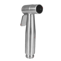 Silver-colored bidet sprayer with labeled features.