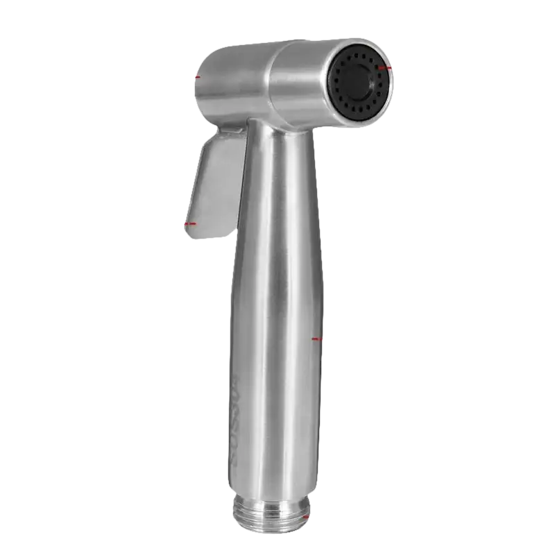 Silver-colored bidet sprayer with labeled features.
