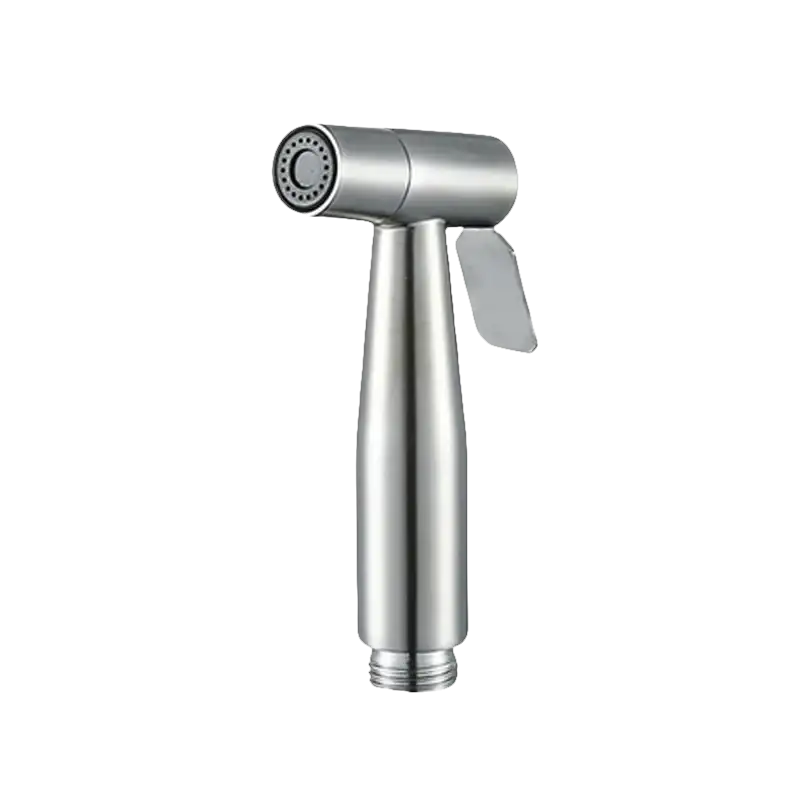 Silver bidet sprayer with dimensions.