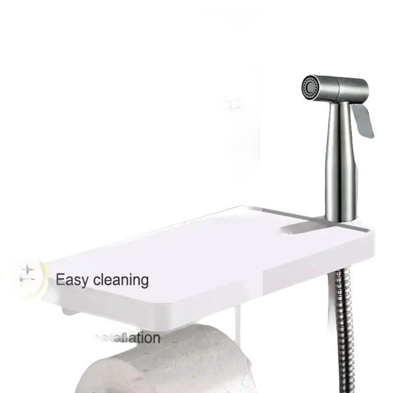 Stainless steel bidet sprayer with shelf.