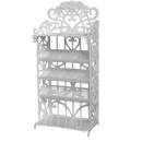 White ornate four-shelf rack.