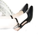 Black leather heeled shoes.