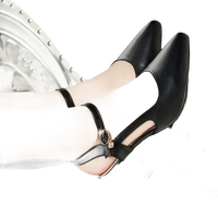 Black leather heeled shoes.