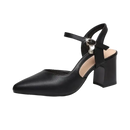 Black leather heeled shoe with ankle strap.