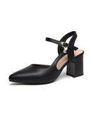 Black pointed-toe heeled sandal with ankle strap.