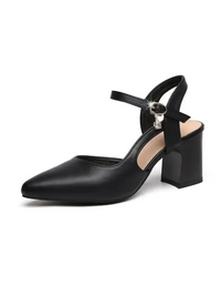 Black pointed-toe heeled sandal with ankle strap.