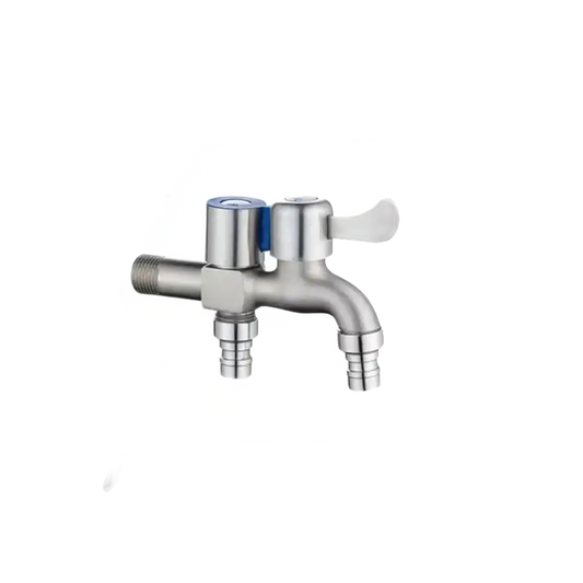 Dual-outlet metal faucet.