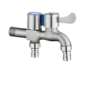 Silver-colored dual-handle faucet with dimensions.