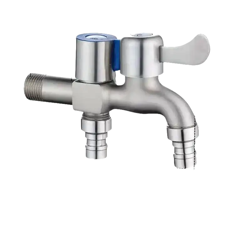 Silver-colored dual-handle faucet with dimensions.