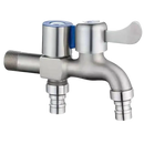 Dual-handle brushed metal faucet.