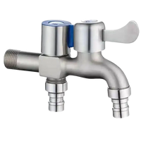 Dual-handle brushed metal faucet.