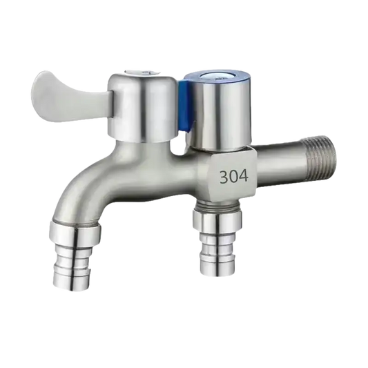 Dual-outlet stainless steel faucet.
