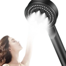 Black handheld shower head.