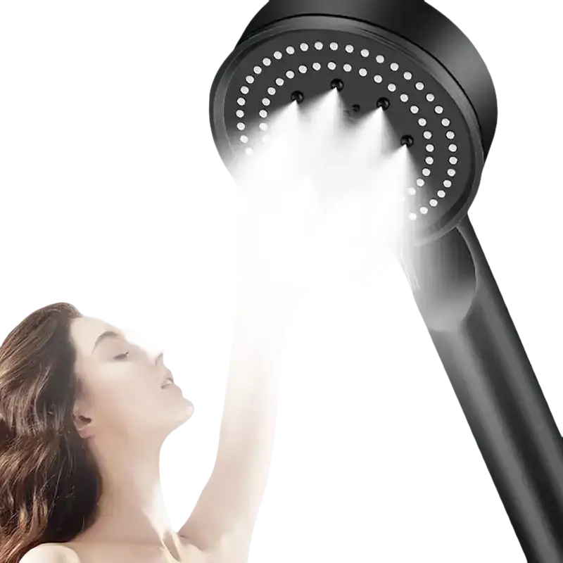Black handheld shower head.