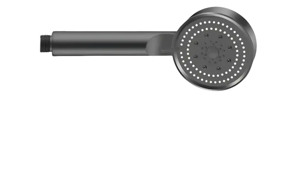 Black handheld shower head.