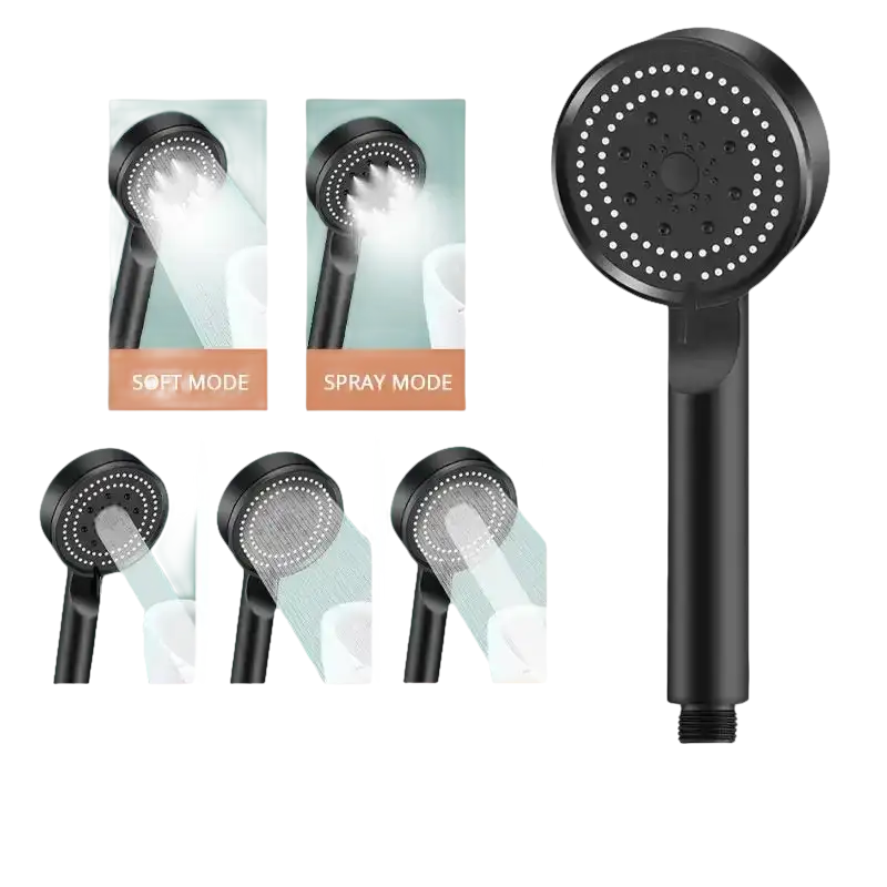 Black handheld shower head with multiple spray modes.