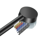 Black shower head with layered construction.