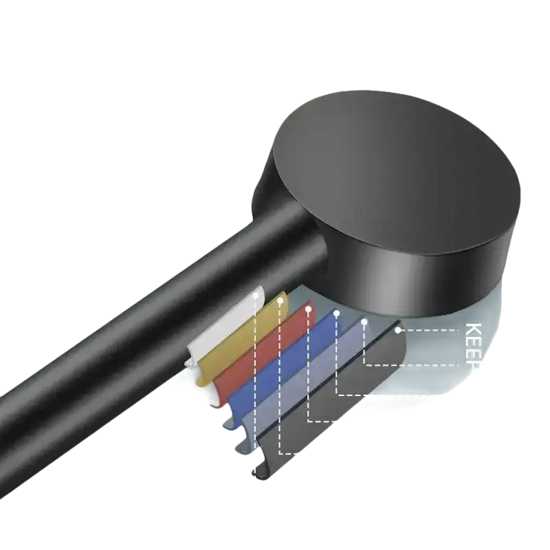 Black shower head with layered construction.
