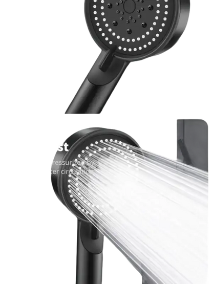Black shower head with multiple spray settings.