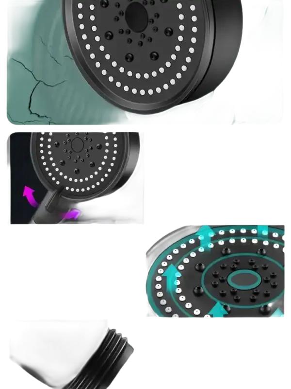 Black shower head with multiple spray patterns.