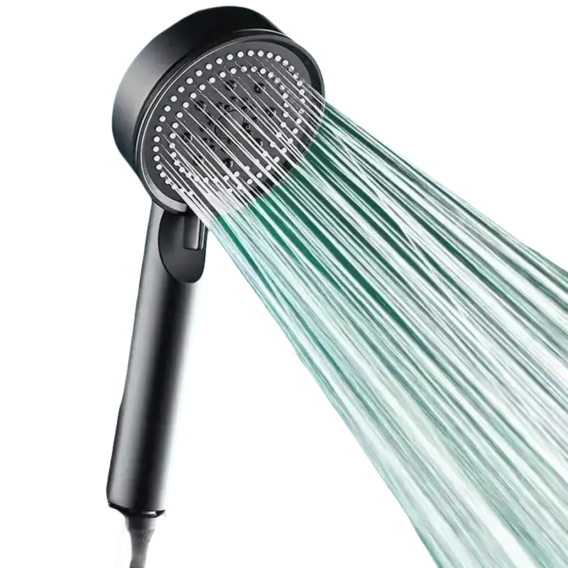 Black shower head with water flowing.