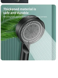 Black shower head with water stream.