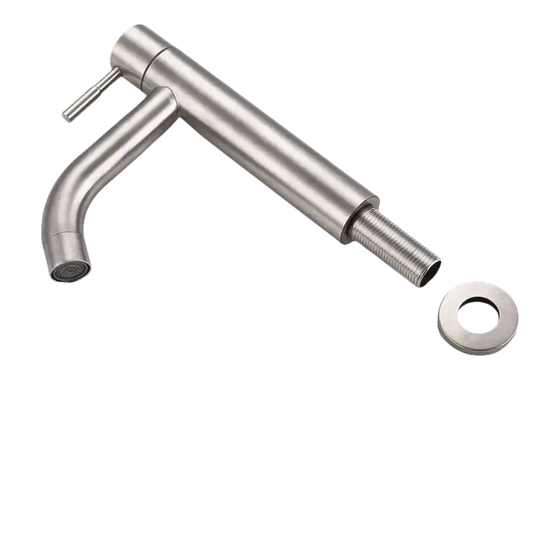 Brushed metal bathroom faucet with mounting hardware.