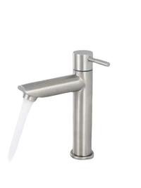 Brushed metal bathroom faucet with running water.