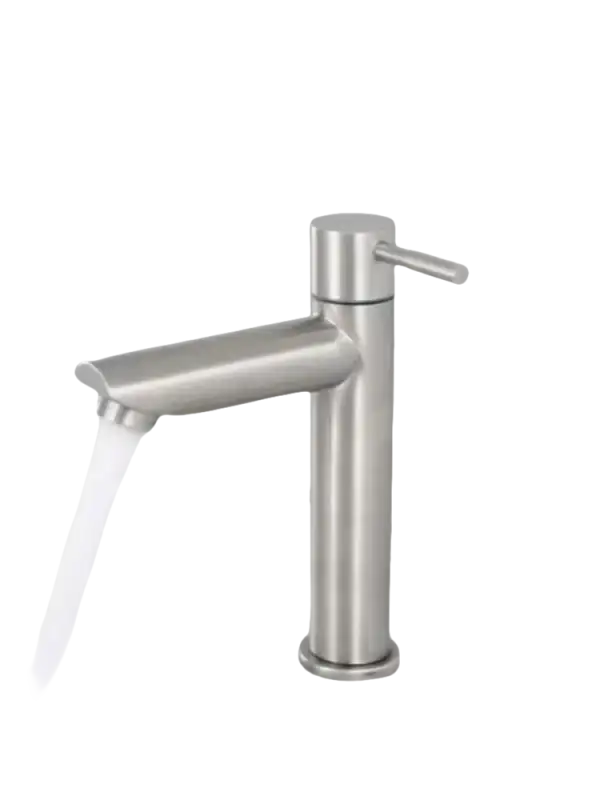 Brushed metal bathroom faucet with running water.