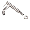 Brushed metal bathroom faucet with mounting hardware.