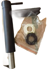 Matte black bathroom faucet with installation hardware.