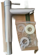 Brushed metal bathroom faucet with installation hardware.