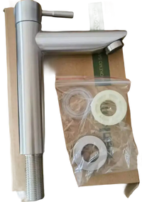 Brushed metal bathroom faucet with installation hardware.