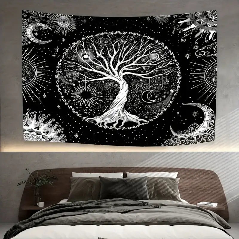 A Set Of Black Bohemian Style Tree Of Life Sun And Moon Elements Beautiful Psychedelic Background Decoration Tapestry