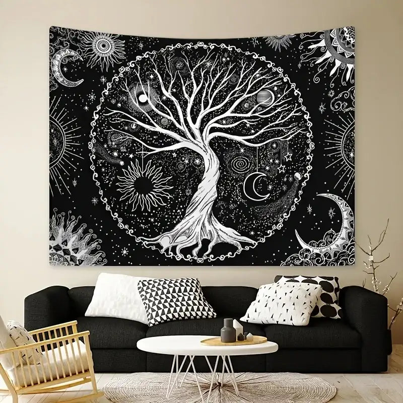 A Set Of Black Bohemian Style Tree Of Life Sun And Moon Elements Beautiful Psychedelic Background Decoration Tapestry