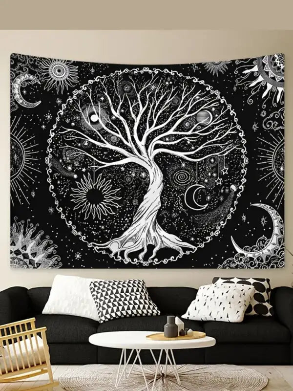 A Set Of Black Bohemian Style Tree Of Life Sun And Moon Elements Beautiful Psychedelic Background Decoration Tapestry