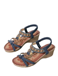 Pair of blue wedge sandals.