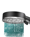 Black shower head with aerated water flow.